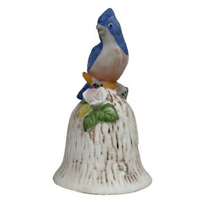 Blue Jay w/Flower Bird Ceramic Dinner Bell Hand Painted Vintage